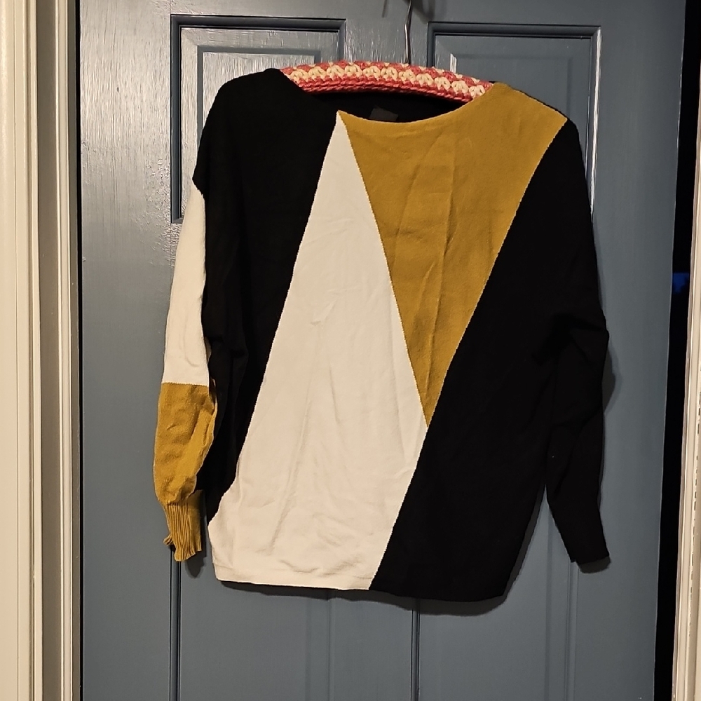 Aaeda Sweater Colorblock Crew  Small Women Black White Split Pea Green Modern